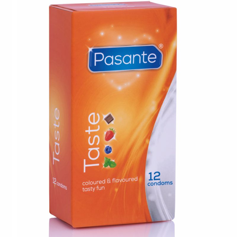 Oranje doos Pasante Taste, bevat 12 condooms. Afbeeldingen van chocolade, aardbei, bosbes en munt.
