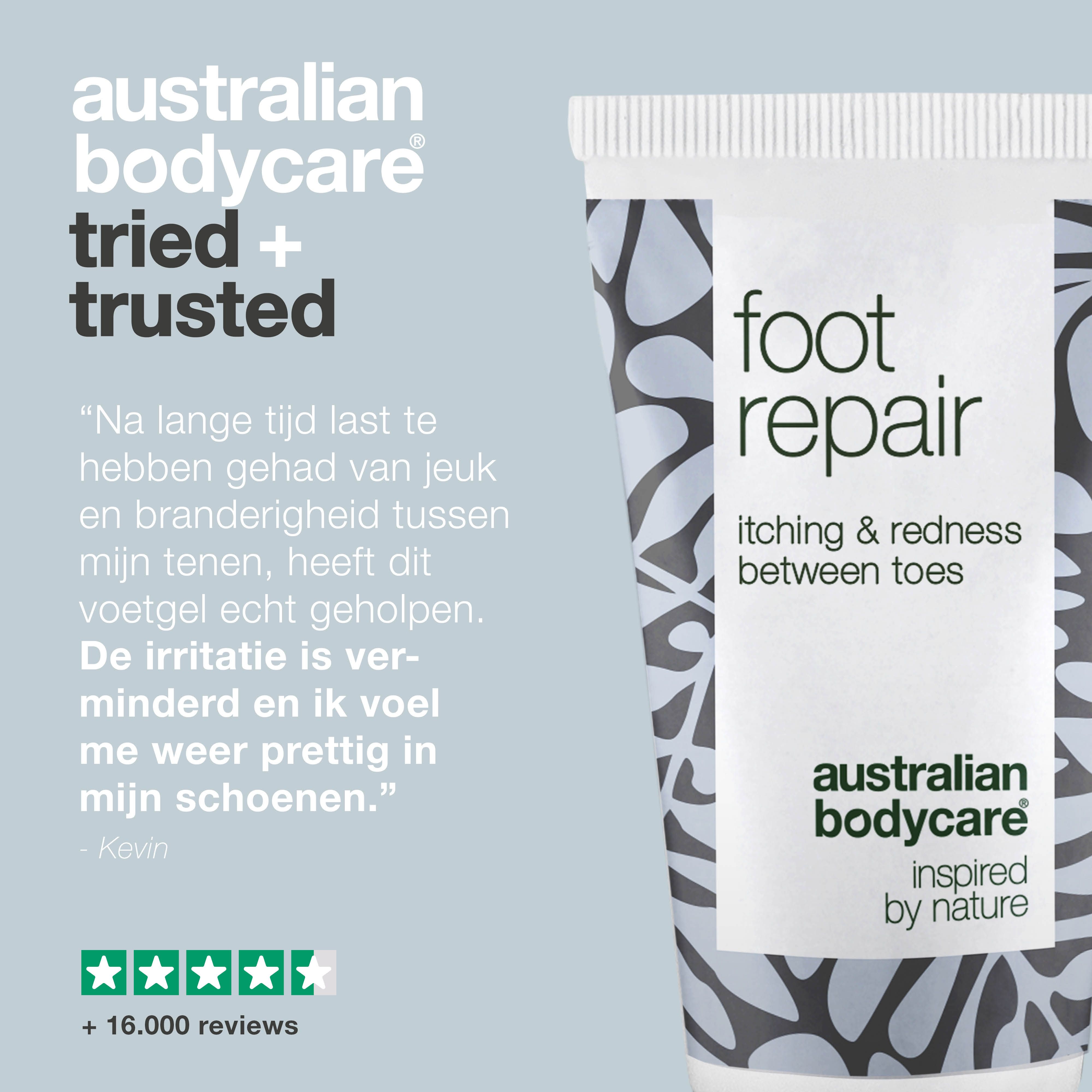 Voetverzorging tube: foot repair, itching & redness between toes, Australian Bodycare. Tekst: +16.000 beoordelingen.