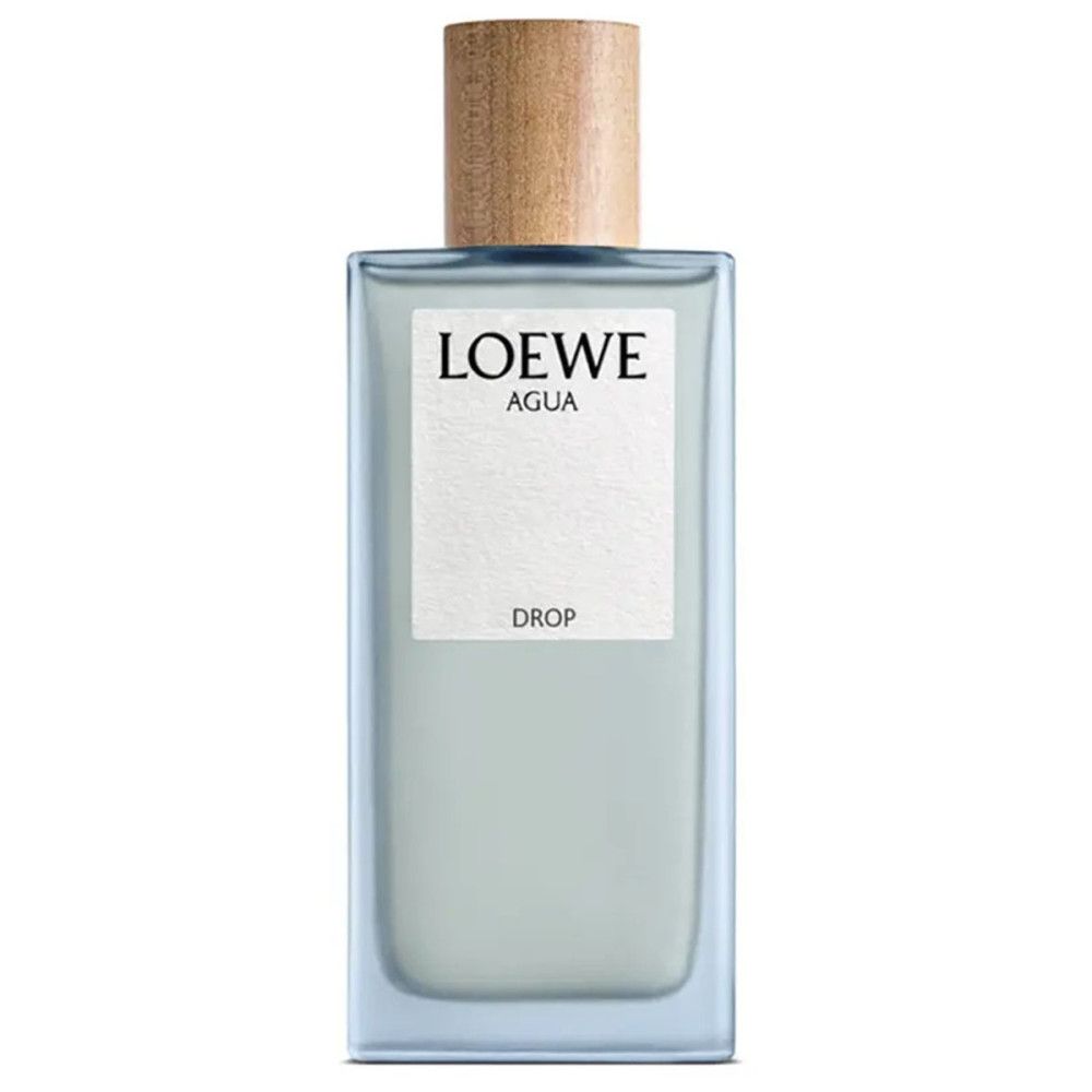 Rechthoekige fles met houten dop. Opschrift: LOEWE AGUA DROP. Lichtblauwe vloeistof zichtbaar.