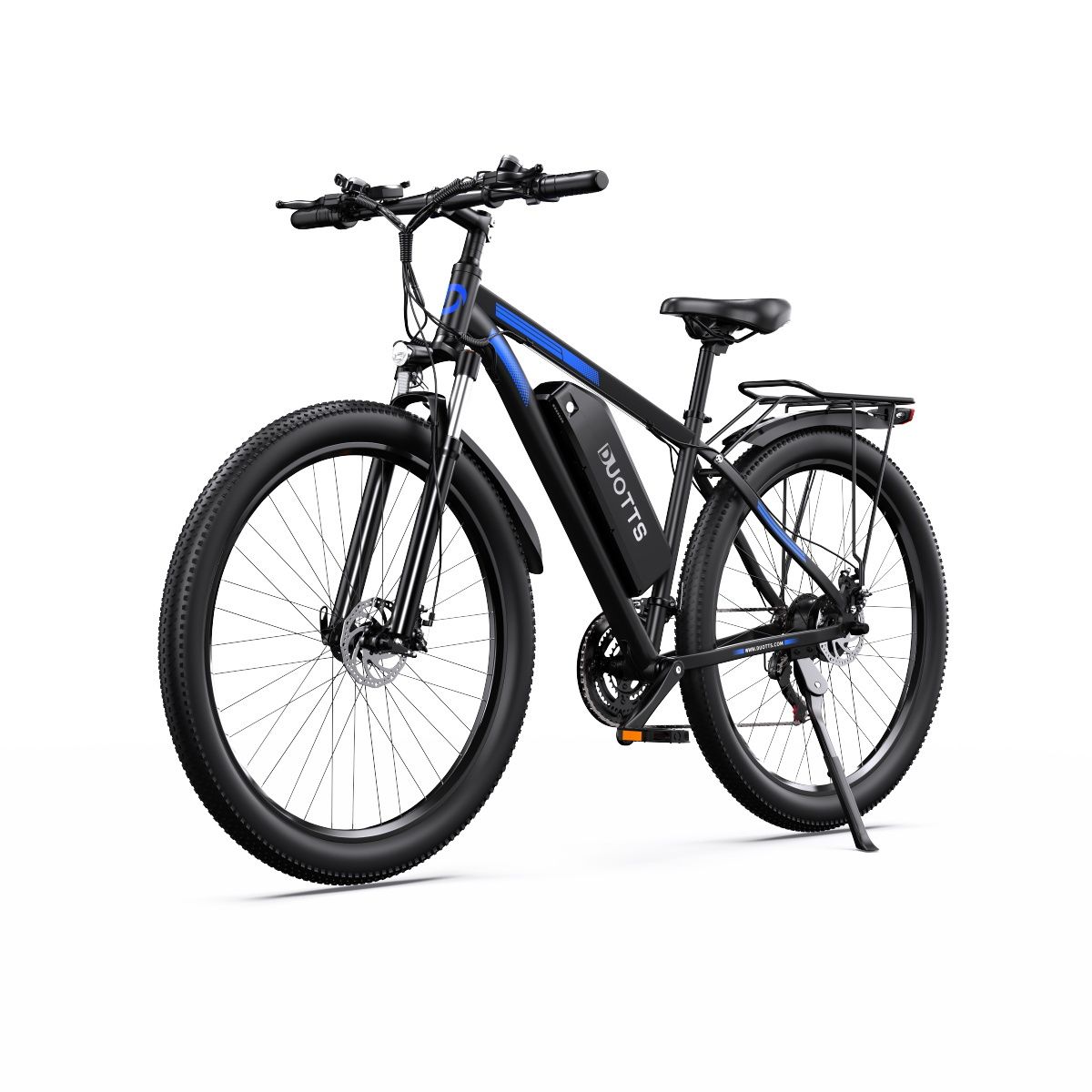 VTT électrique noir avec accents bleus. Logo DUOTTS, freins à disque, porte-bagages, béquille.
