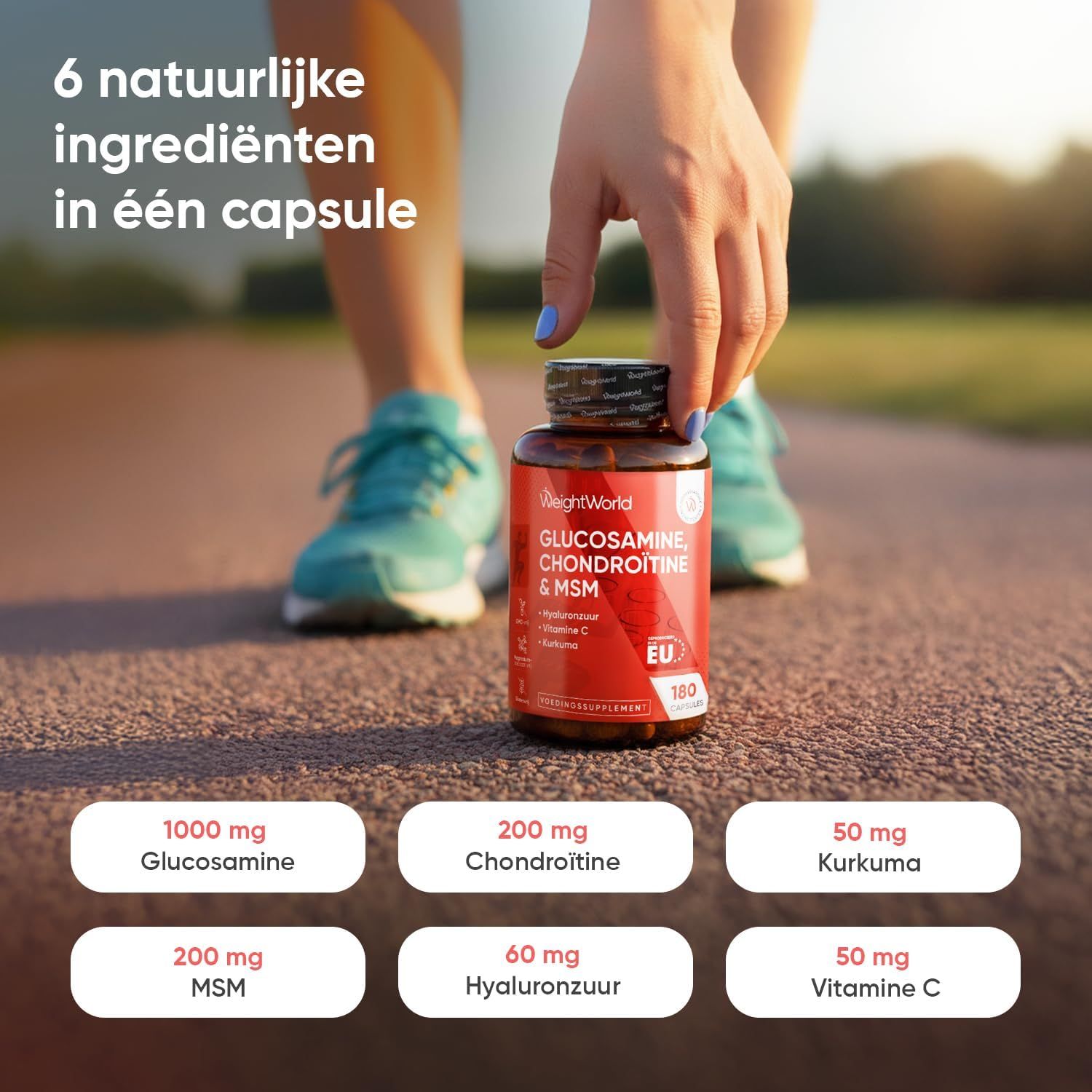 Rode fles met Glucosamine, Chondroïtine & MSM. Bevat 100 capsules.