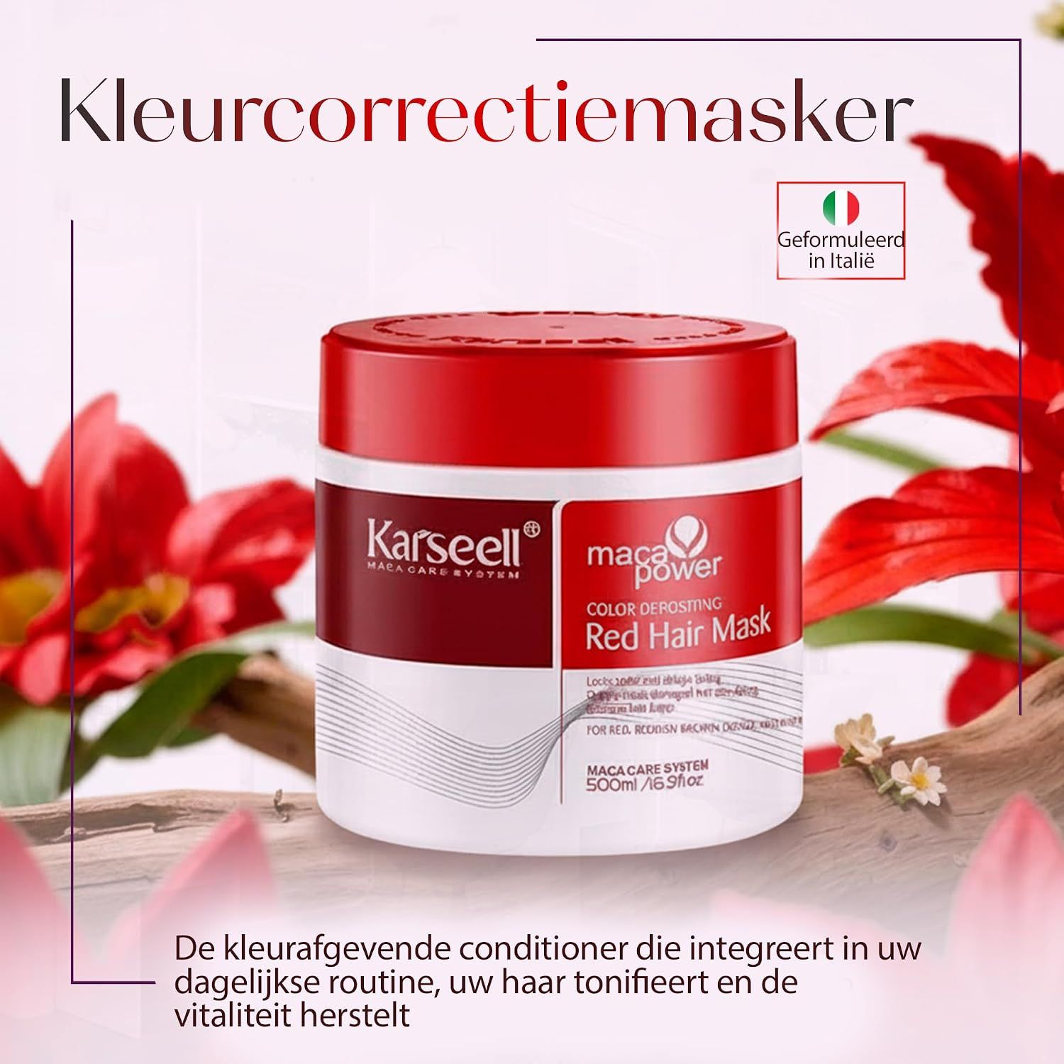 Karseell Maca Power Color Depositing Red Hair Mask in rode pot, 500ml.