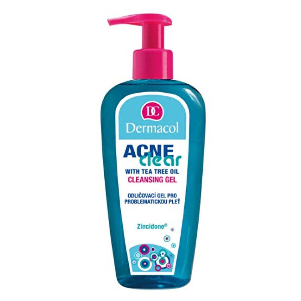 Flacon bleu transparent avec pompe rose. Étiquette avec nom du produit et logo. Texte : Acneclear, Cleansing Gel.