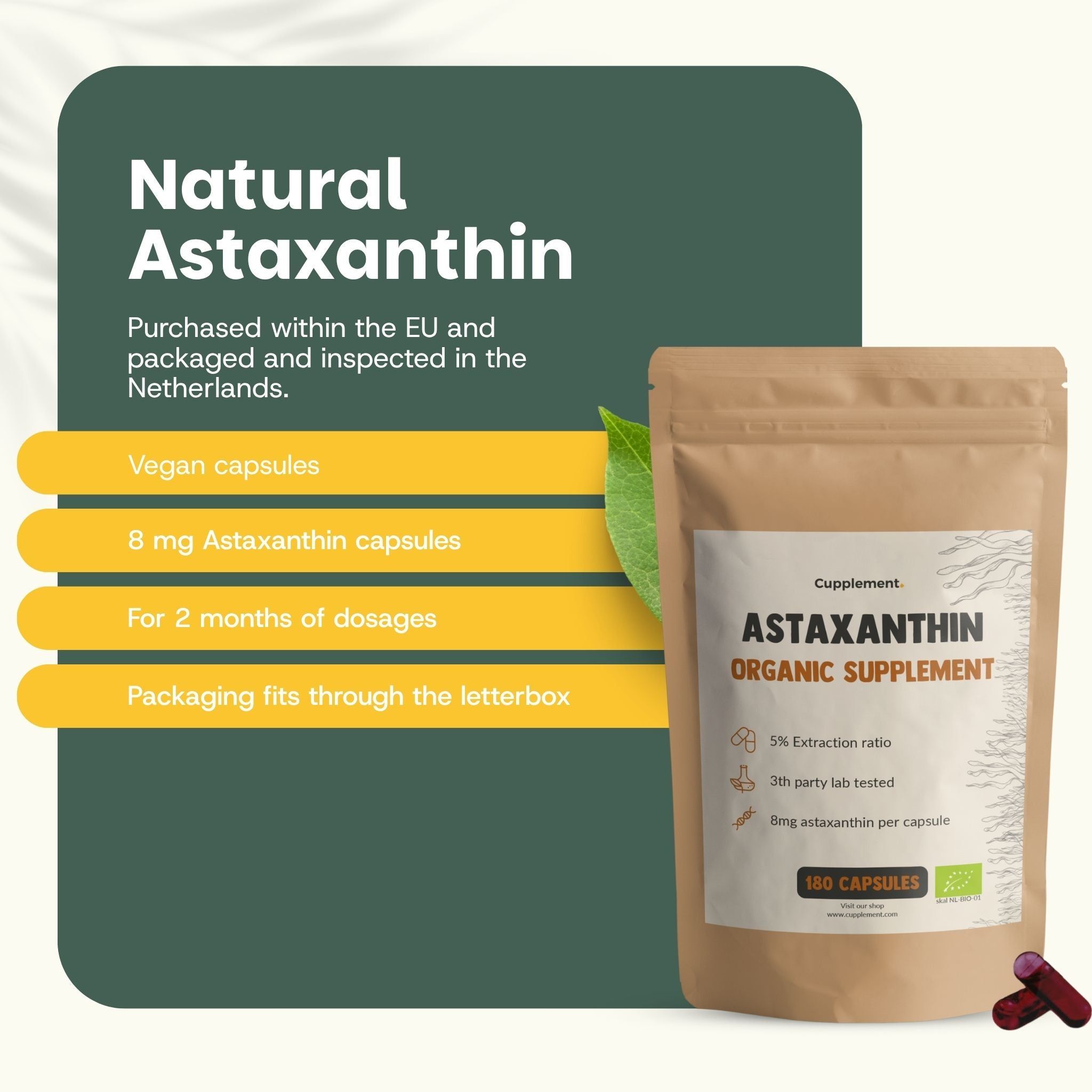Astaxanthine naturelle : capsules vegan, 8 mg, dosage 2 mois, emballage boîte aux lettres.