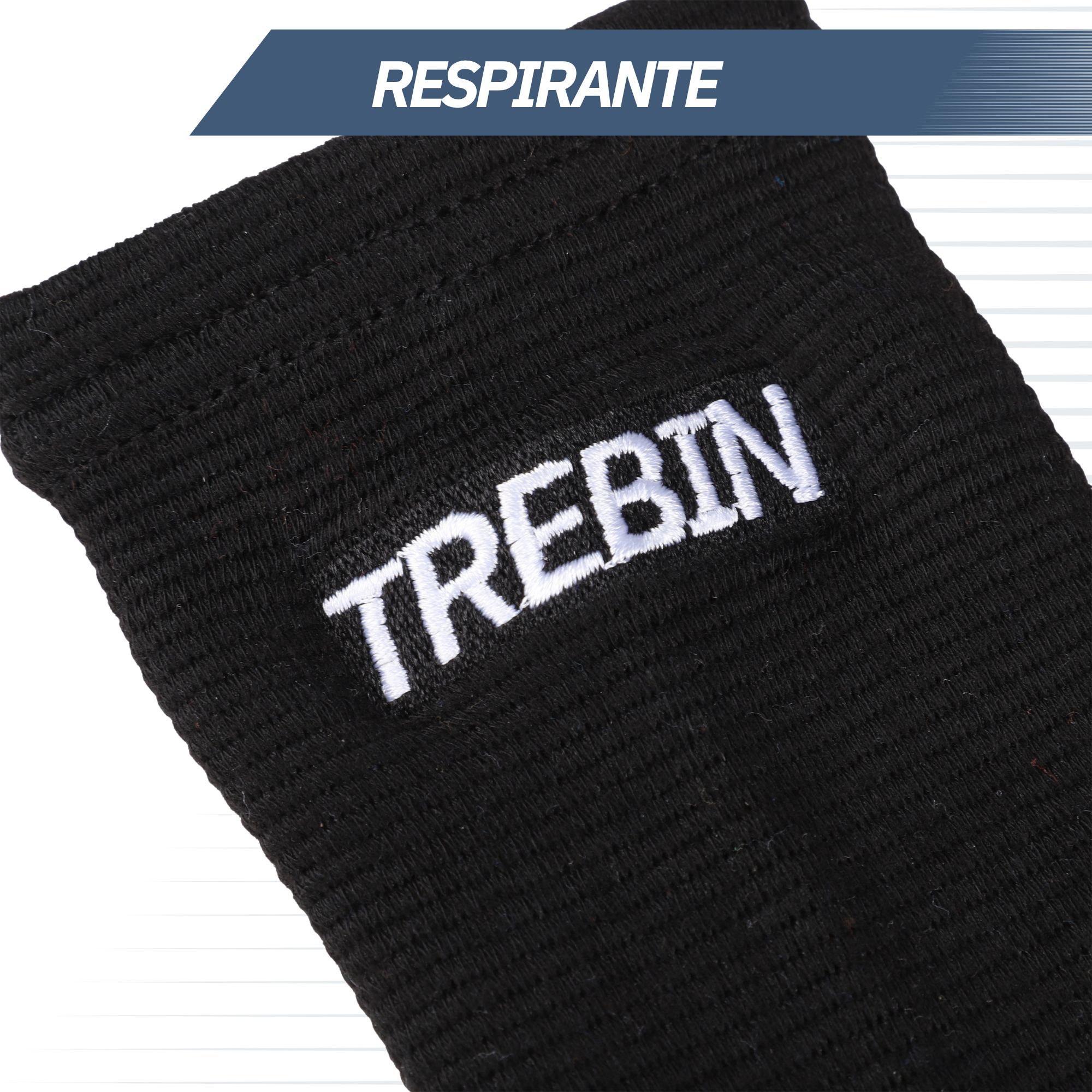 Gros plan d'une bande de cheville noire avec le nom de marque 'TREBIN' brodé.