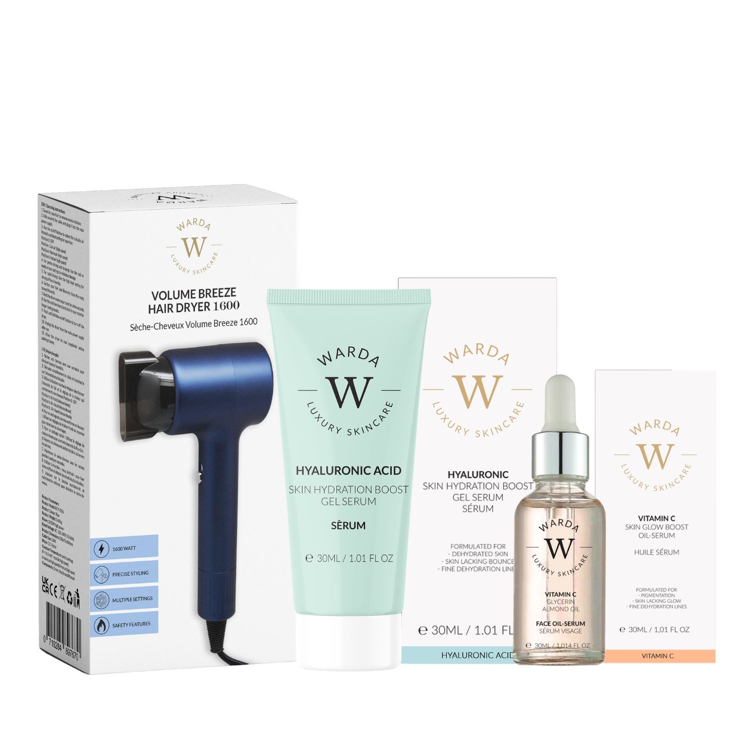 Haardroger, serum en olie-serum set. Verpakking met productnaam. Turquoise serum, pipetfles, haardroger.