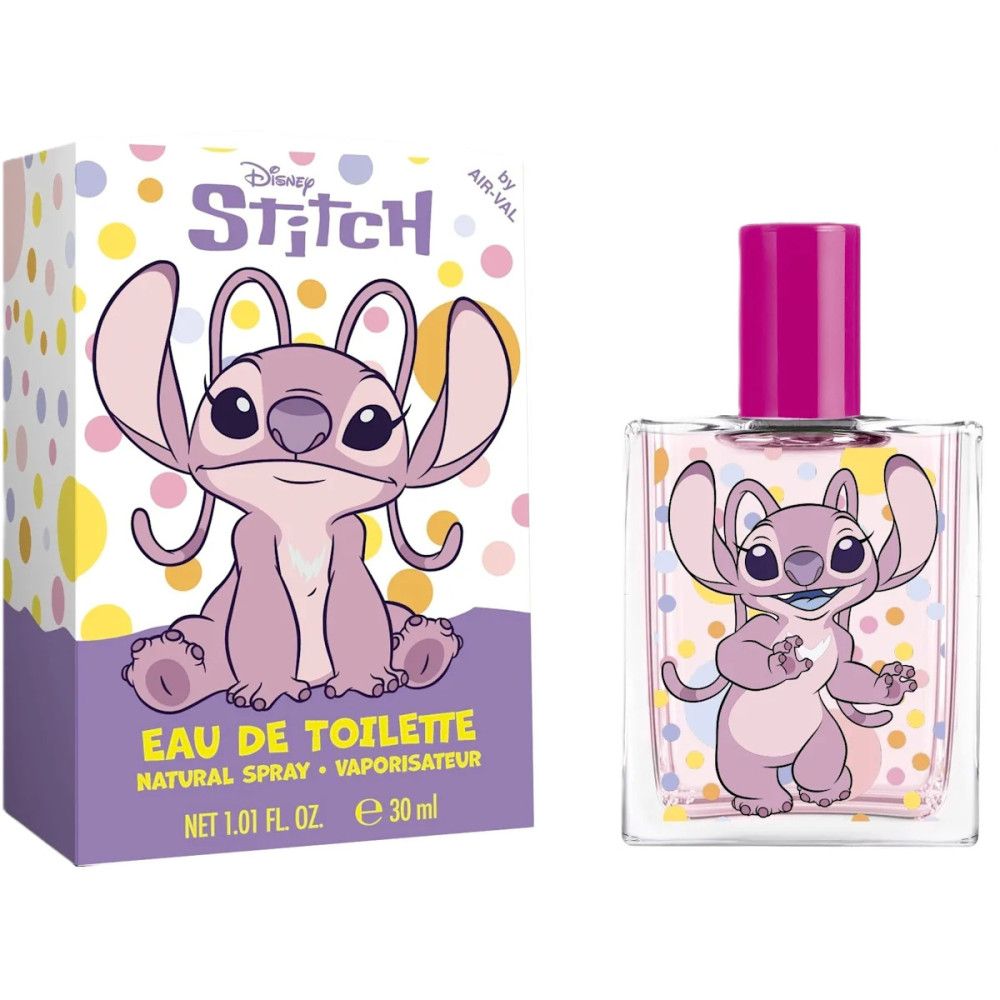 Eau de Toilette met Stitch-ontwerp. Rechthoekige fles met roze dop. Verpakking met Stitch-illustratie en productnaam.