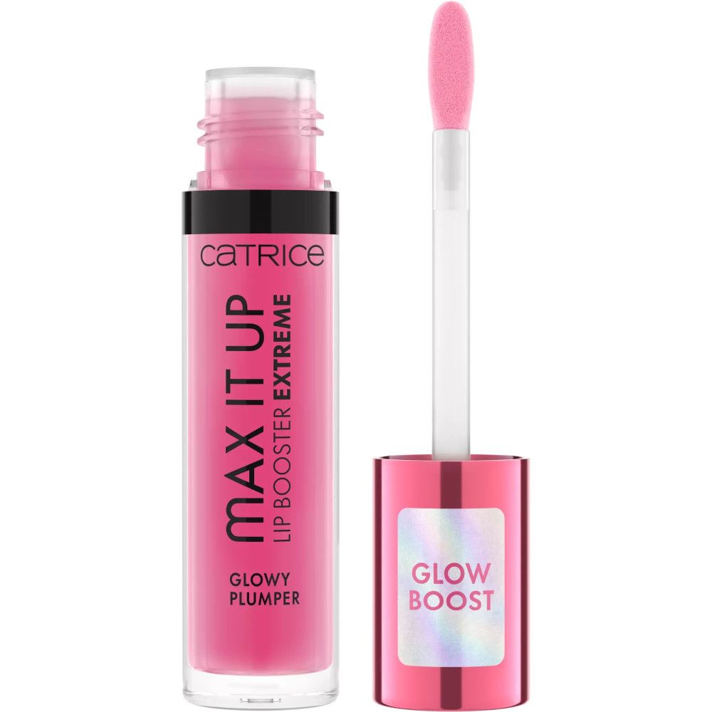 Catrice Max It Up Lip Booster Extreme. Roze lipglossflesje met zwarte dop. Applicator ernaast.
