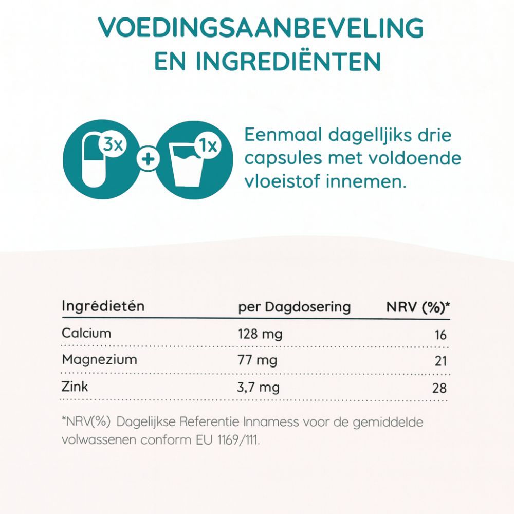 Tabel met ingrediënten: Calcium, Magnesium, Zink. Dagelijkse dosering en NRV-waarden. Inname aanbeveling: 3 capsules met vloeistof.