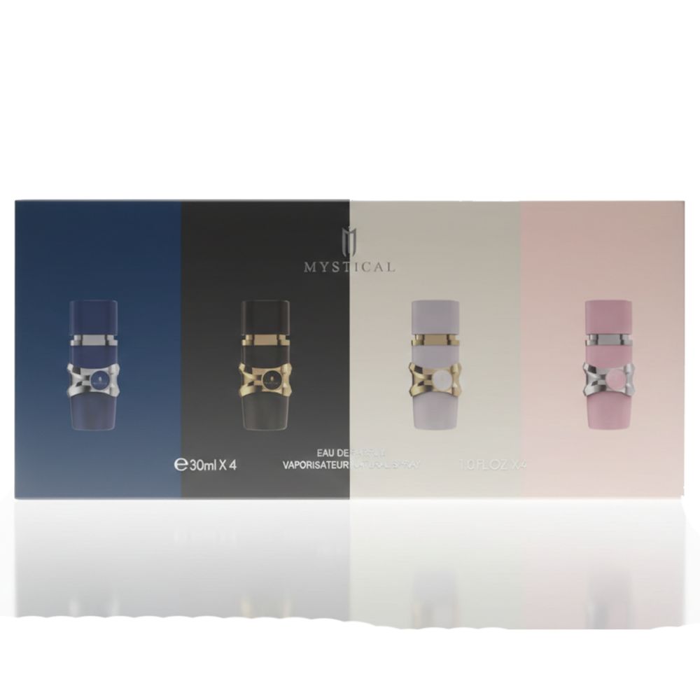 Coffret de parfum avec quatre flacons. Flacons bleus, noirs, blancs et roses avec ornements dorés et argentés. Inscription: Mystical.