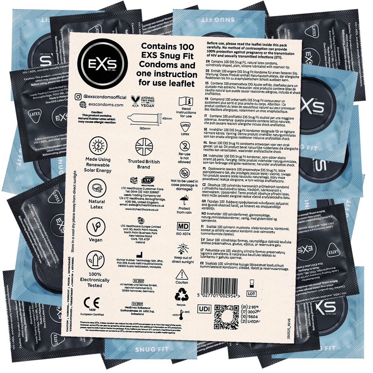 Meerdere individuele condoomverpakkingen met een informatieblad. Opschrift: Contains 100 EXS Snug Fit Condoms and one instruction for use leaflet.