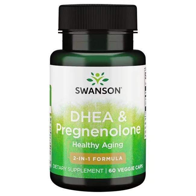 Flacon vert avec bouchon noir. Inscription: SWANSON, DHEA & Pregnenolone, Healthy Aging, 2-in-1 Formula, 60 Veggie Caps.