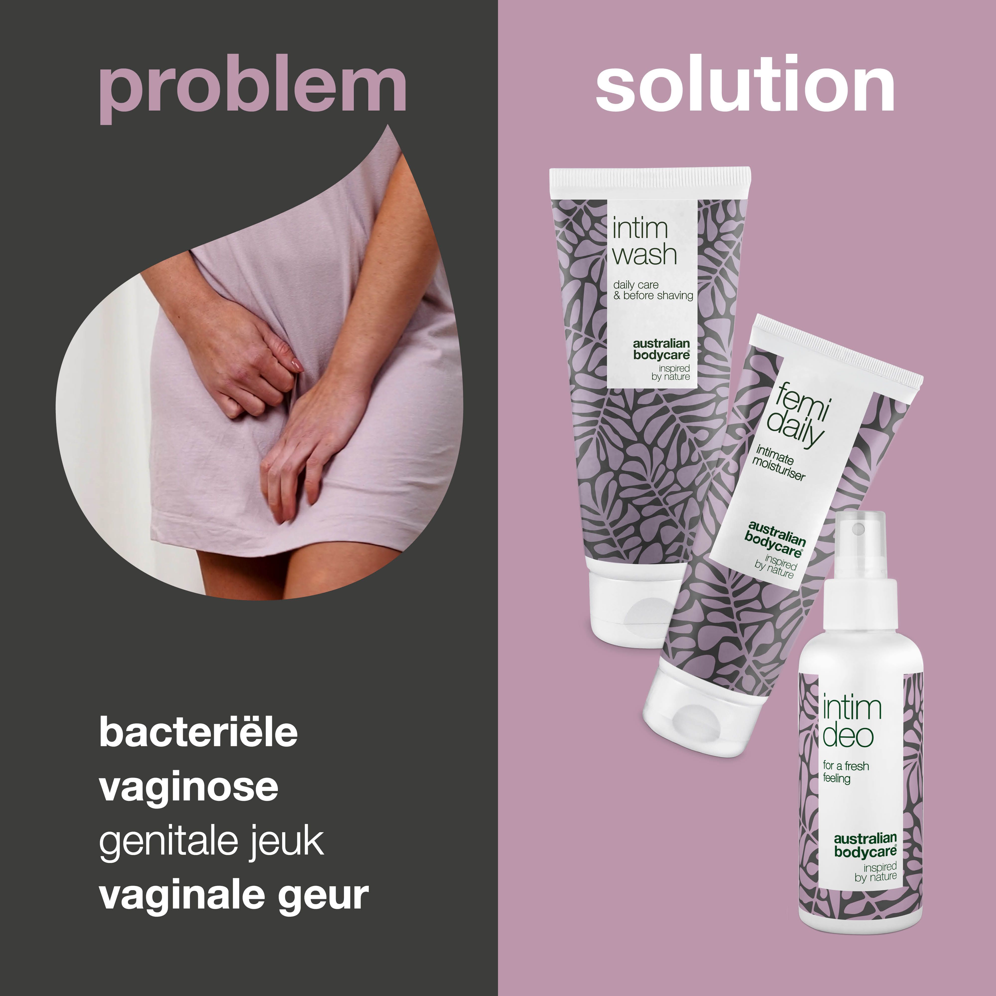 Grafiek: probleem en oplossing. Probleem: bacteriële vaginose, jeuk, intieme geur. Oplossing: producten van Australian Bodycare.