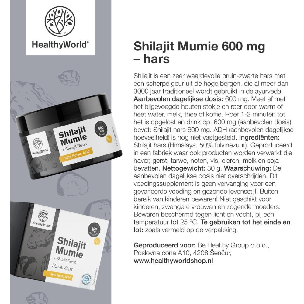 Tekst over Shilajit Mumie, 600 mg, hars. Ingrediënten, gebruik, waarschuwingen. Verpakking.