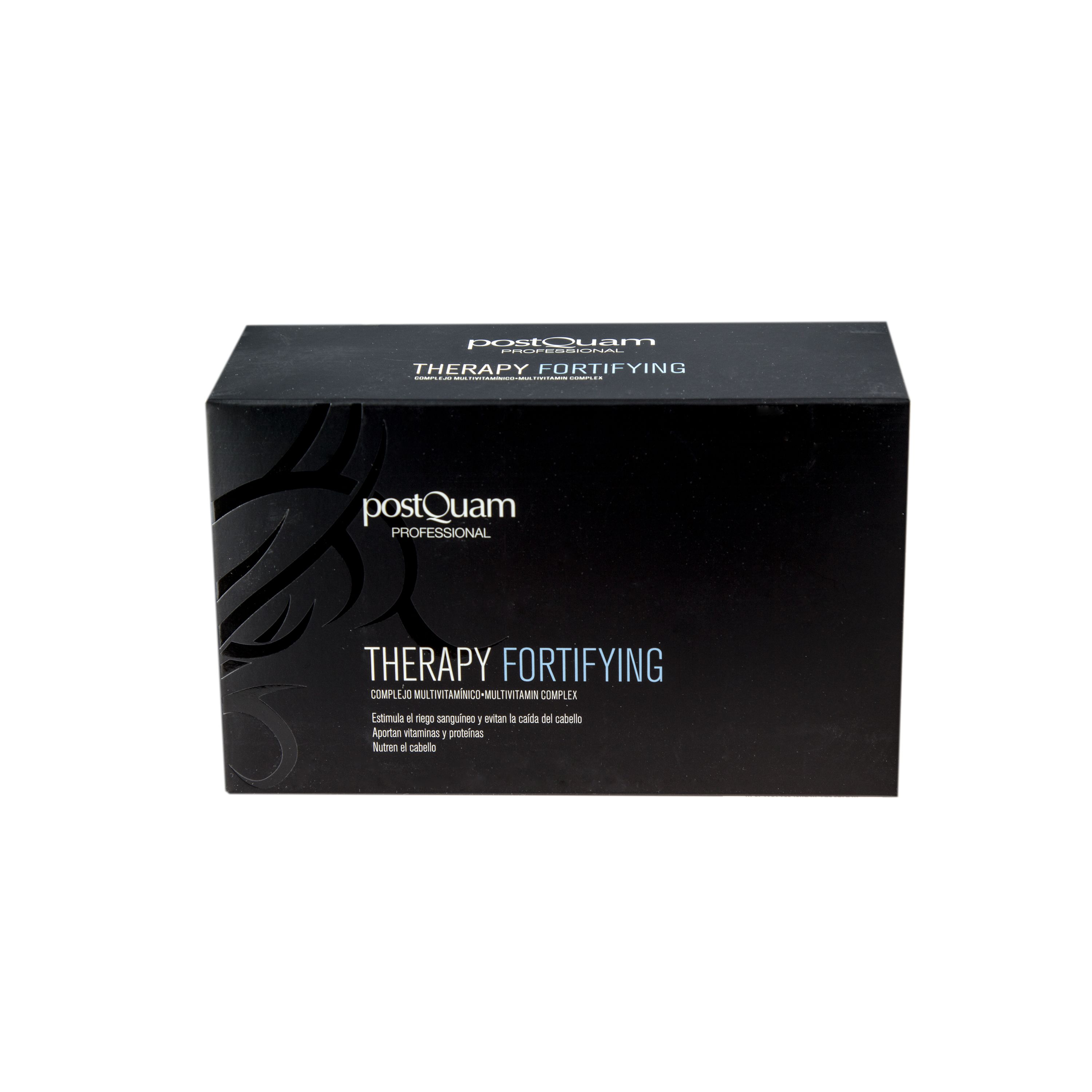 Zwarte doos. Opschrift: Postquam Therapy Fortifying. Tekst in meerdere talen.