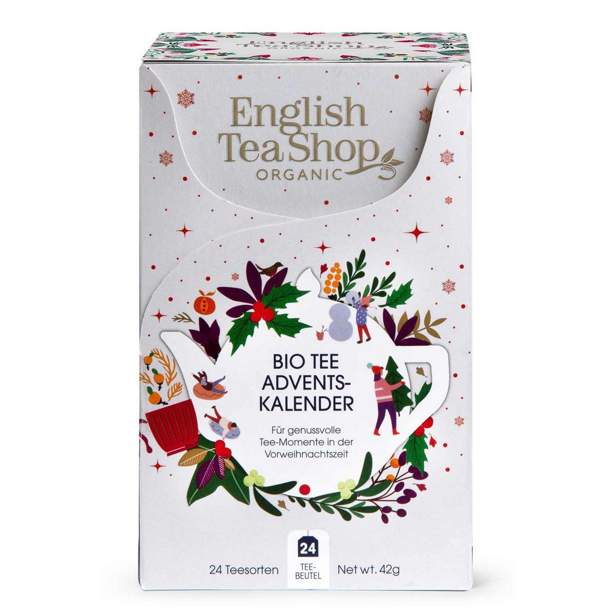 Emballage de 24 sachets de thé. Marque : English Tea Shop. Impression : Calendrier de l'Avent Bio. Motif : Théière avec design floral et scène hivernale.