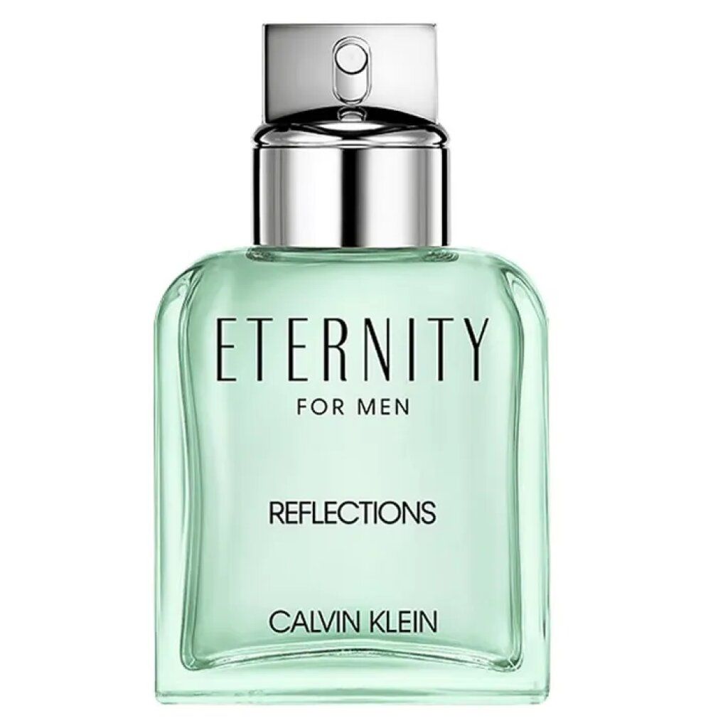 Lichtgroene fles met zilveren dop. Opschrift: Eternity for Men Reflections, Calvin Klein.