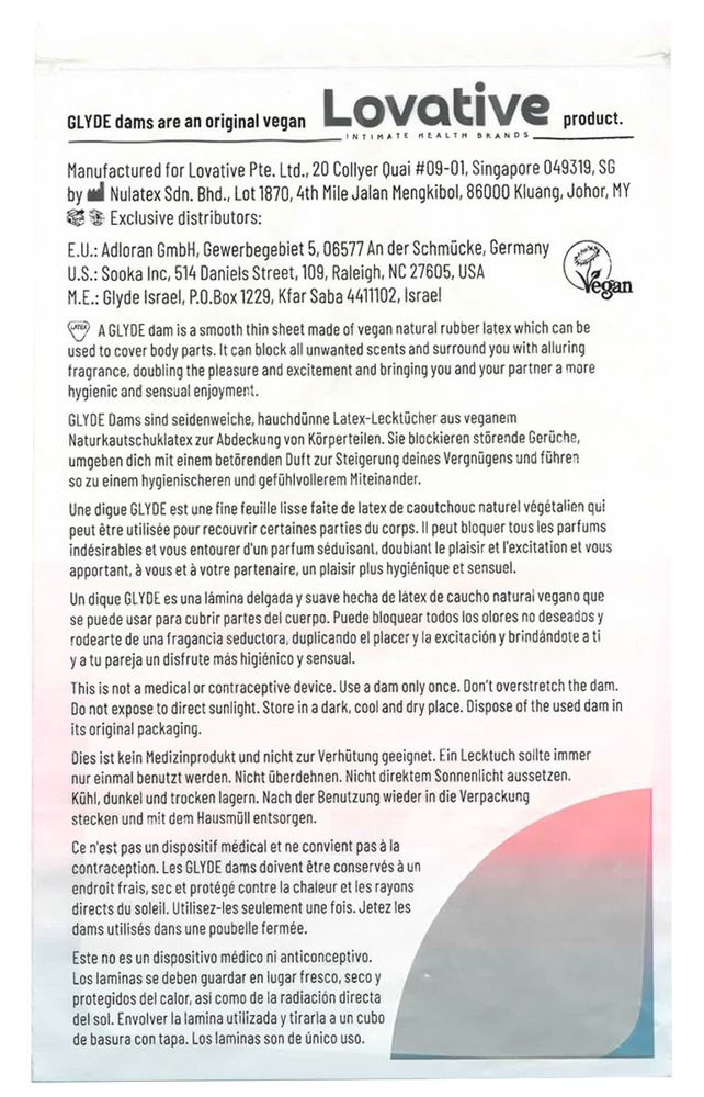 Texte sur fond blanc. Informations sur GLYDE DAMS, ingrédients, fabricant et mode d'emploi.