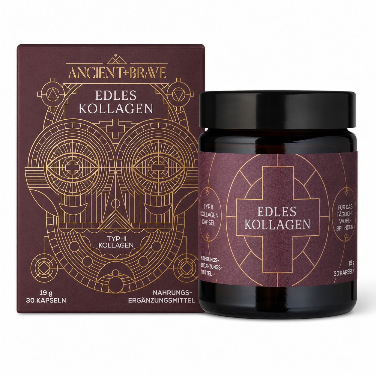 Ancient + Brave Noble Collagen Kapseln : Flacon en verre brun avec étiquette et boîte. 30 gélules.