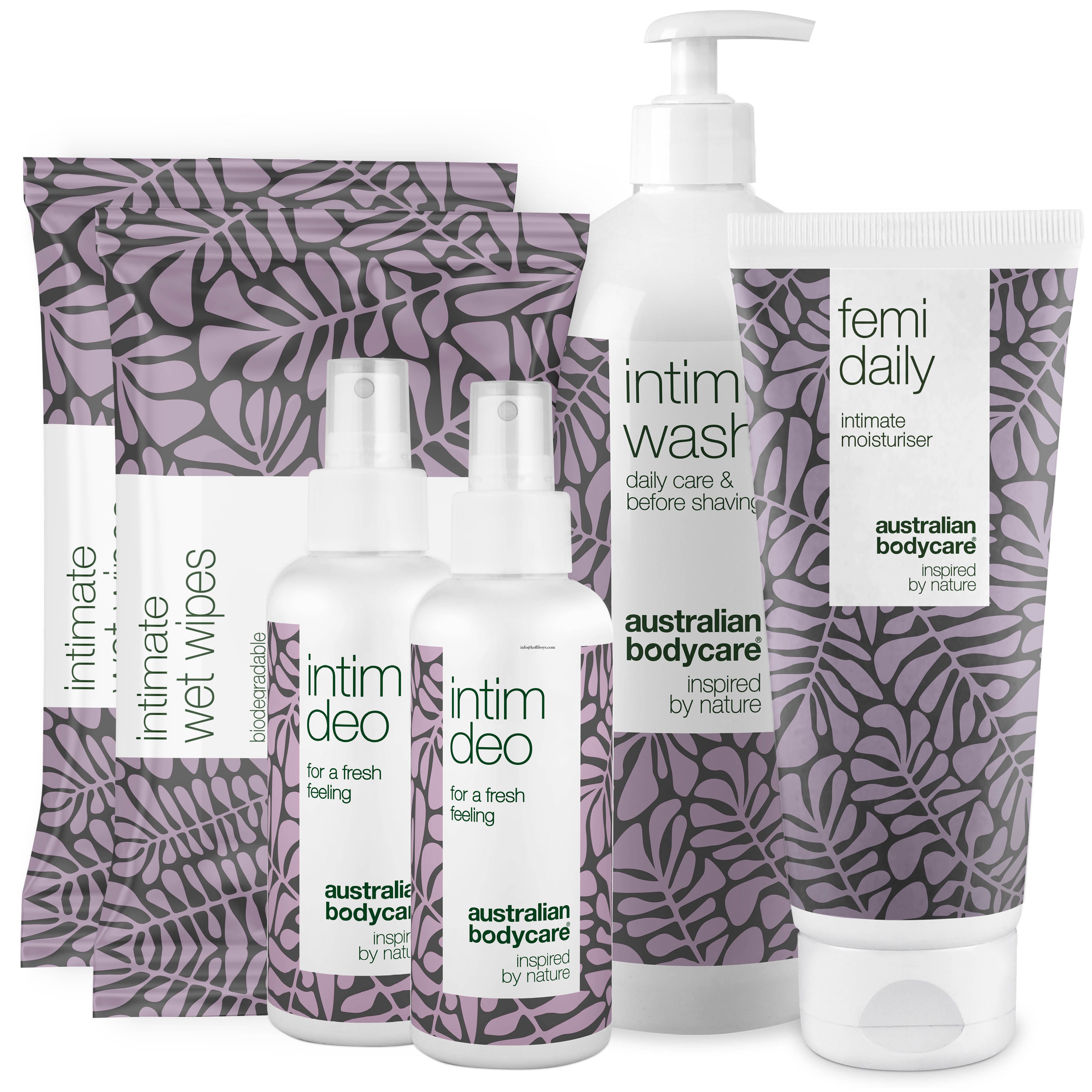 Ensemble de produits d'hygiène intime : gel lavant, hydratant, déodorant et lingettes. Emballage avec motif de feuilles violettes.