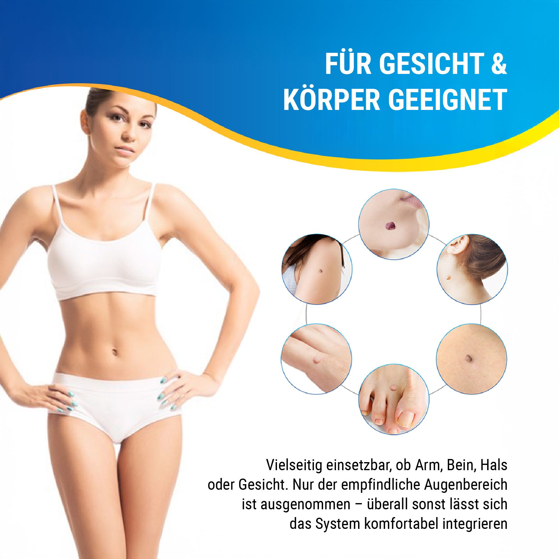Femme en haut blanc. Montre différentes parties du corps avec des étiquettes de peau. Convient au visage et au corps. Pas pour le contour des yeux.