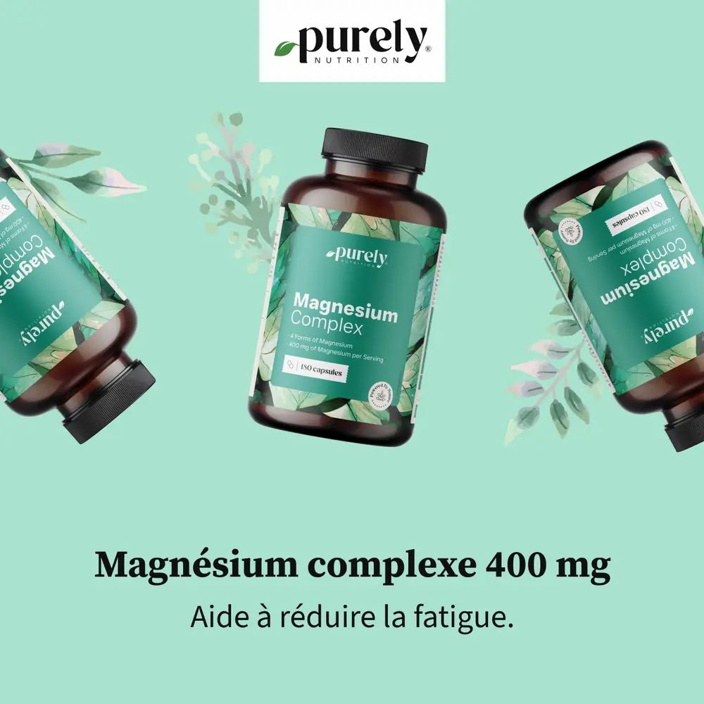 Trois flacons. Inscription : Magnésium complexe 400 mg. Aide à réduire la fatigue.