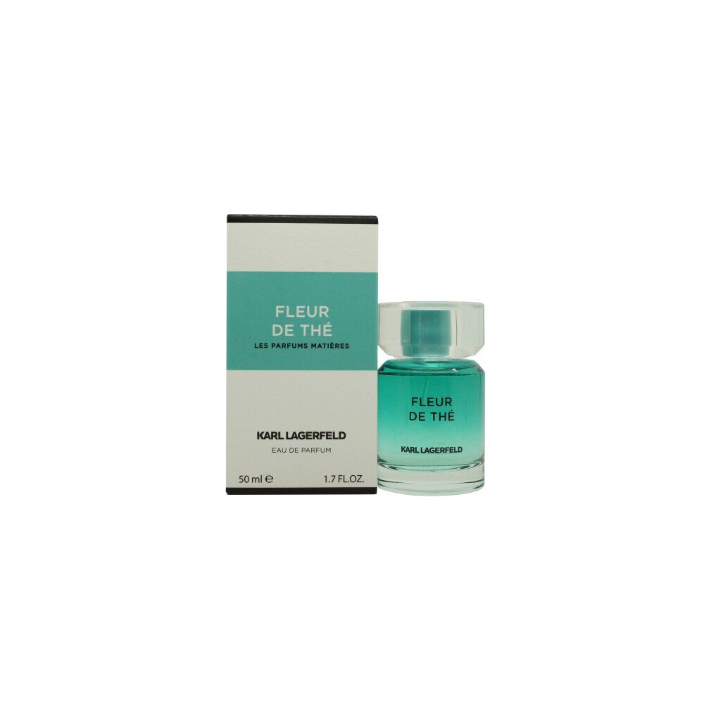 Fles en verpakking Karl Lagerfeld Fleur de Thé Eau de Parfum. Blauwe fles, witte doos met groene tekst.