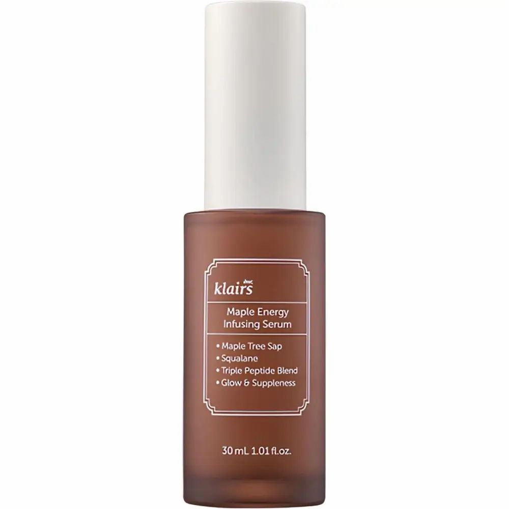 Bruine fles met witte dop. Opschrift: klairs Maple Energy Infusing Serum. 30 ml.