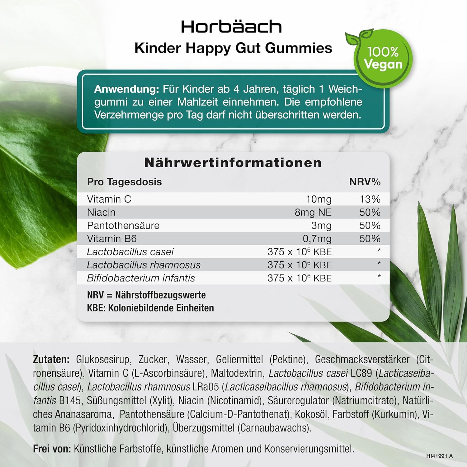 Tableau nutritionnel. Informations sur la vitamine C, la niacine, l'acide pantothénique, la vitamine B6, Lactobacillus casei, rhamnosus, Bifidobacterium infantis.