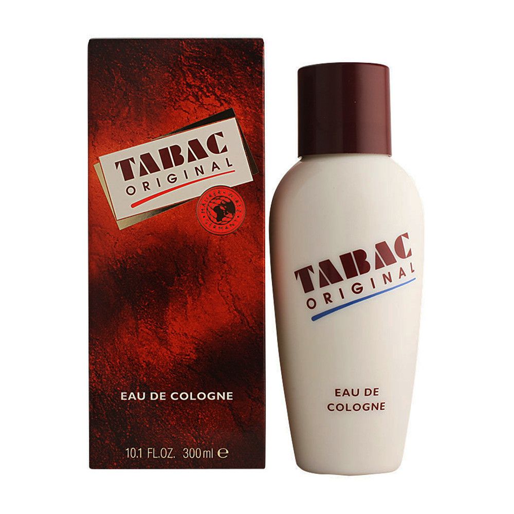 Flacon blanc avec bouchon marron et emballage rouge. Inscription "TABAC ORIGINAL Eau de Cologne".