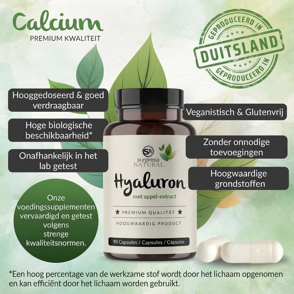 Fles Surpresa Natural Hyaluron capsules met appel-extract. 3 maanden voordeelverpakking. Hyaluronzuur, appel-extract.