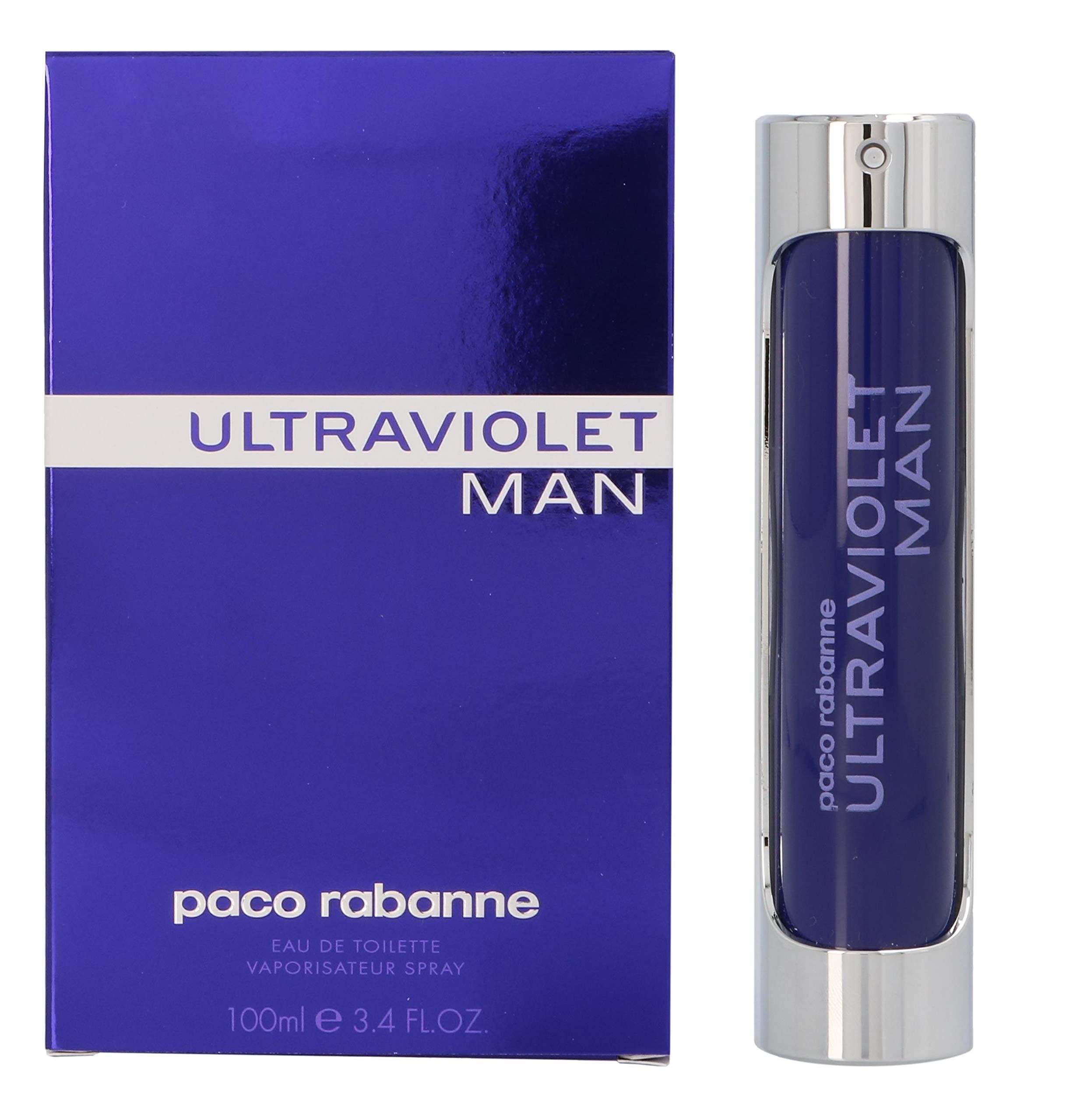 Boîte et flacon violets. 'ULTRAVIOLET MAN' sur la boîte. Flacon avec bouchon argenté.