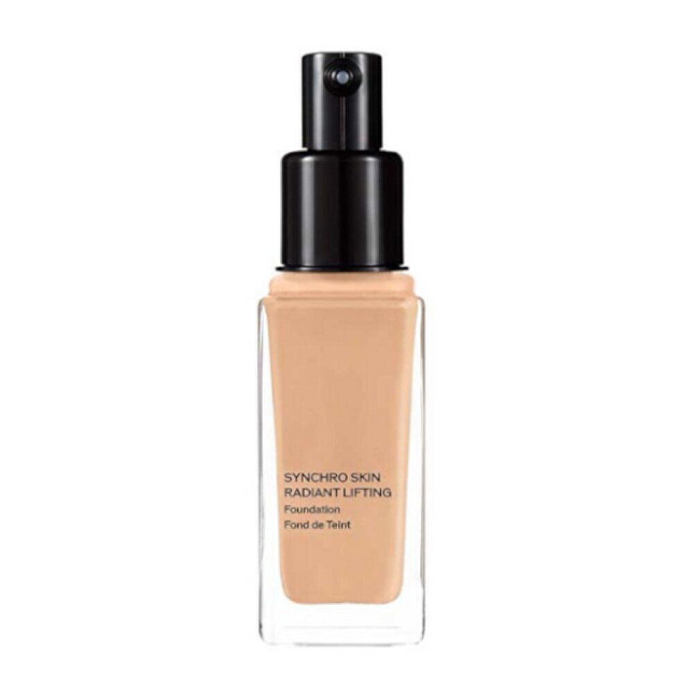 Flacon de maquillage avec pompe noire. Texte: Synchro Skin Radiant Lifting, Foundation, Fond de Teint.
