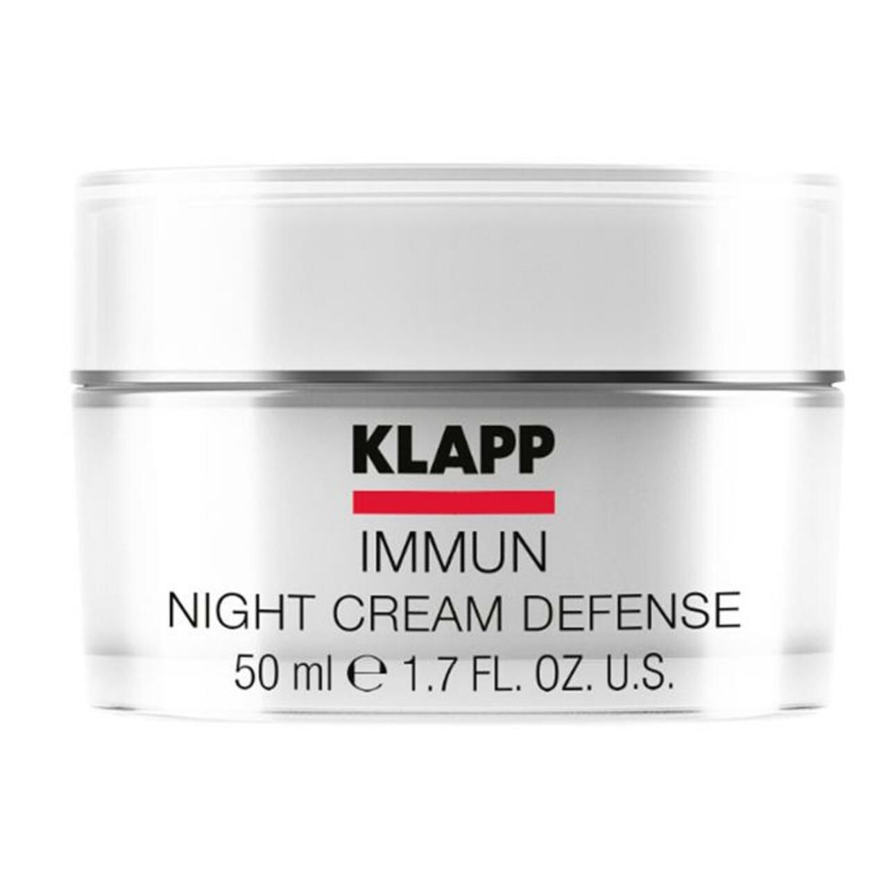 Klapp Immun Night Cream Defense. Crème in een glazen pot met zilveren deksel. Productnaam, merk en volume-aanduiding zichtbaar.