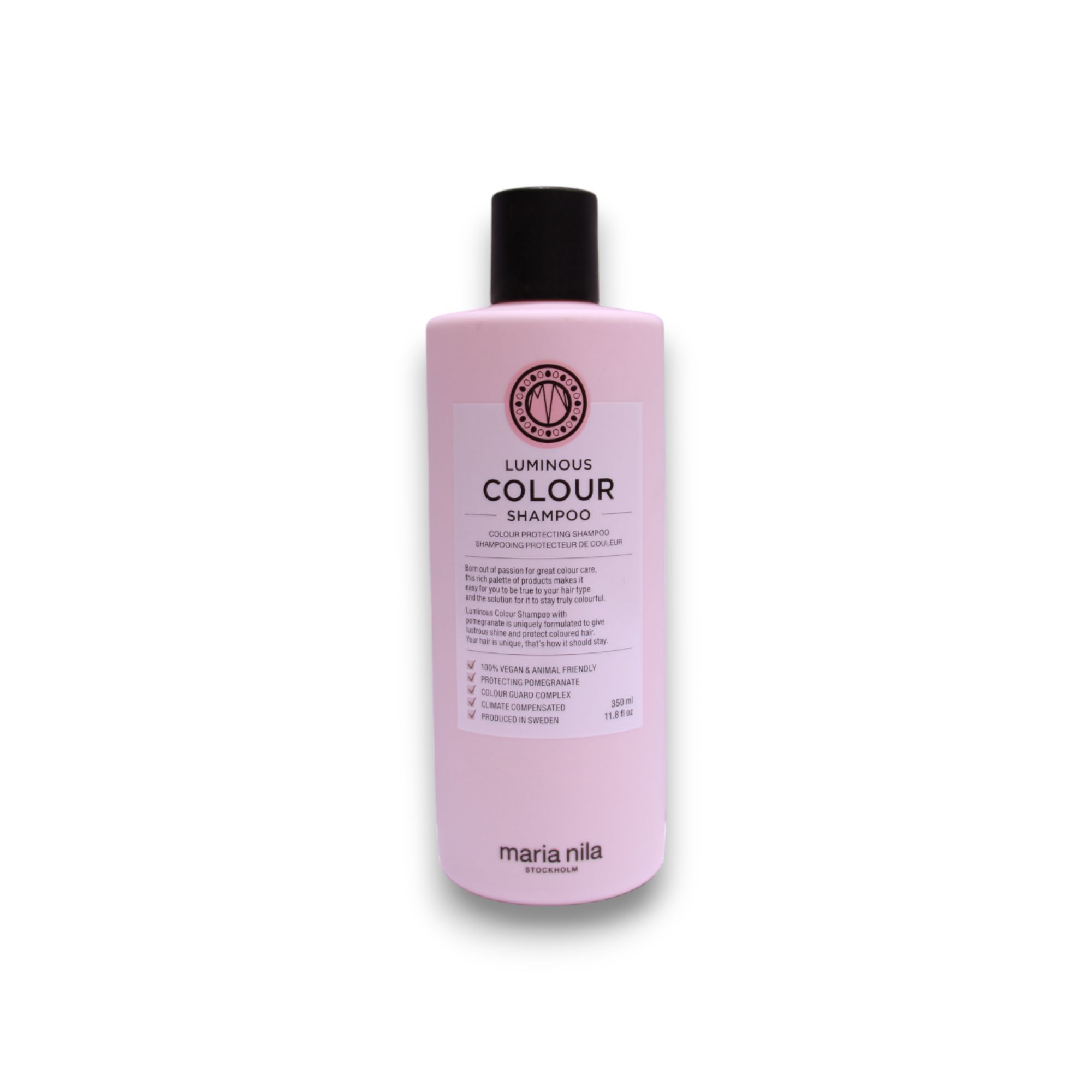 Maria Nila Luminous Colour Shampoo, 350ml fles met zwarte klapdop.