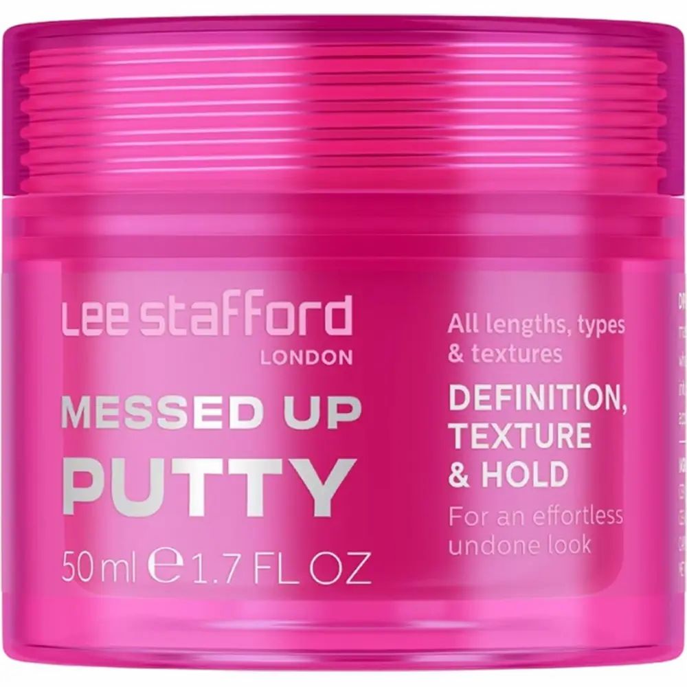 Roze pot "Messed Up Putty" van Lee Stafford. Tekst: Definitie, textuur & hold. 50 ml.