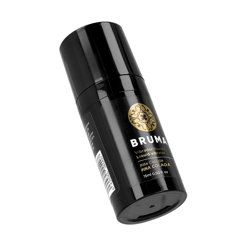 Zwarte fles Bruma vloeibare vibrator, 15ml, schuin van onderen bekeken.
