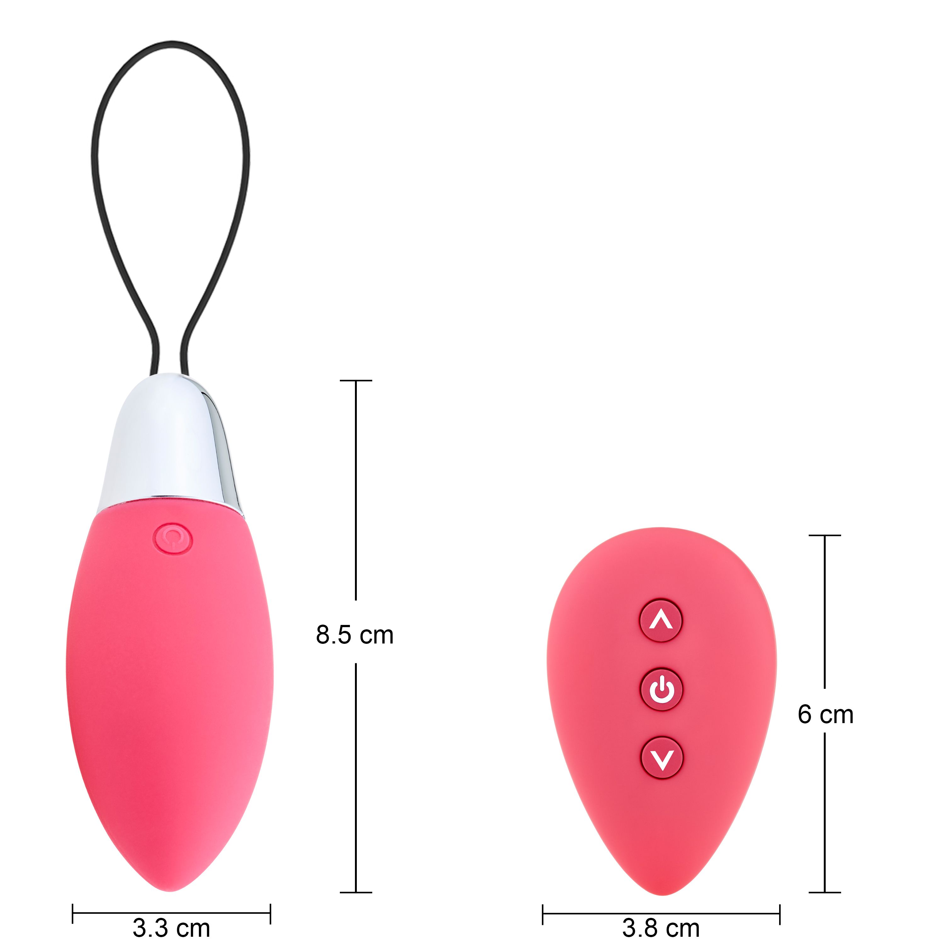 Vibrateur rose avec boucle noire, tête argentée et télécommande. Dimensions : 8,5 cm x 3,3 cm et 6 cm x 3,8 cm.