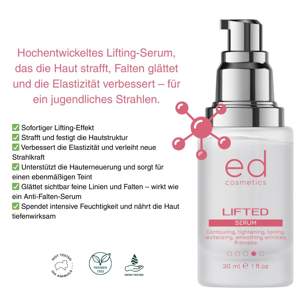 Flacon de sérum avec pompe. Texte : "ed cosmetics", "LIFTED Serum". Contient des informations sur les ingrédients.