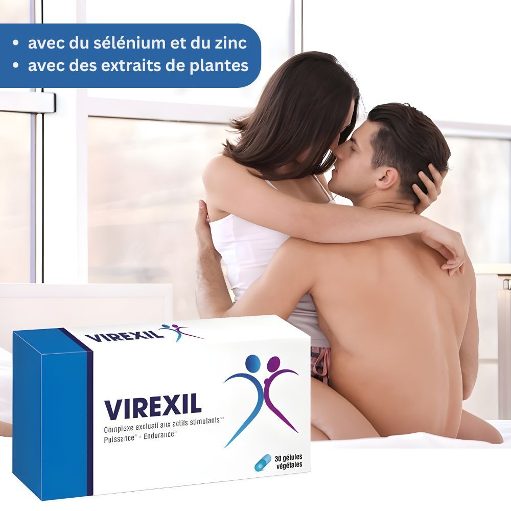 Couple au lit. Boîte "Virexil" avec logo et texte. Contient 30 gélules. Design bleu et blanc avec illustration de deux personnes.