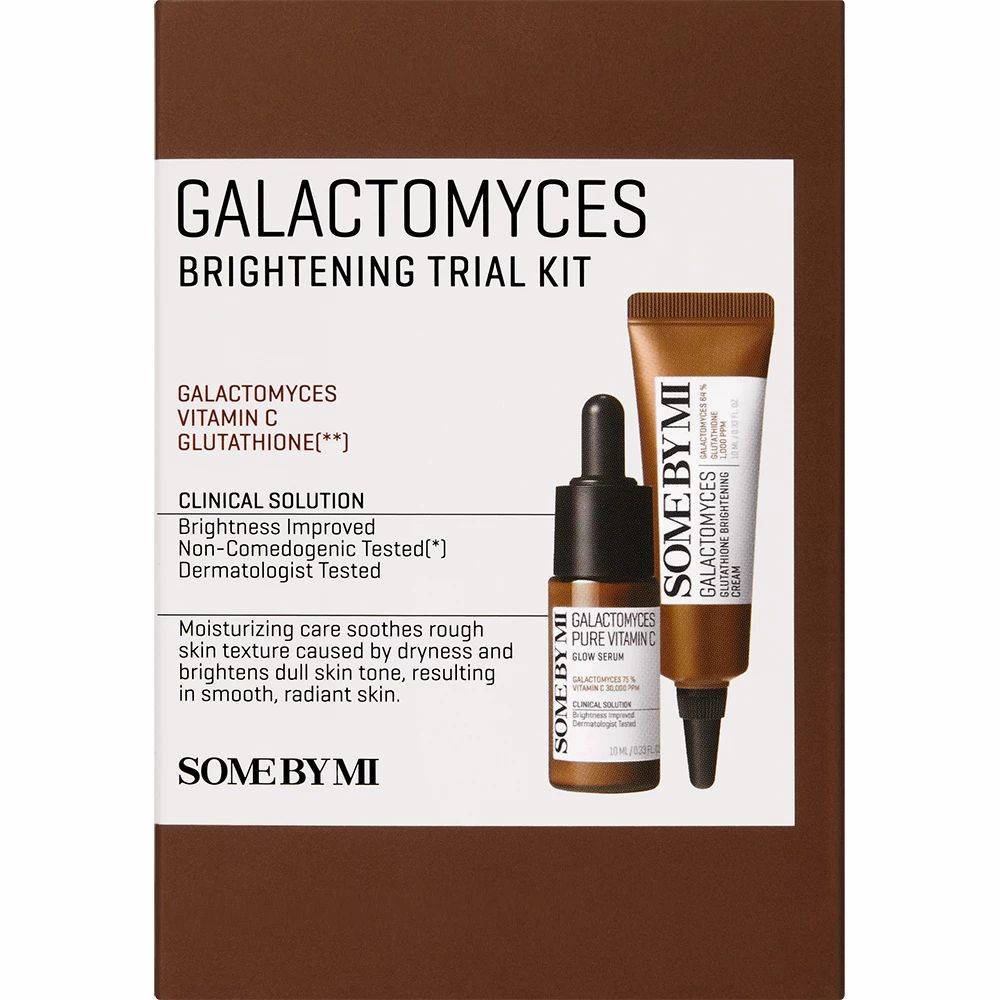 Ensemble de trois produits. Tube brun, flacon compte-gouttes et emballage avec texte. SOME BY MI Galactomyces Brightening Trial Kit.