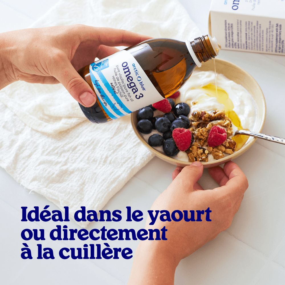 Gouttes jaunes et icônes expliquant les bienfaits des oméga-3 et de la vitamine D pour le cœur, les yeux, le cerveau et le système immunitaire.