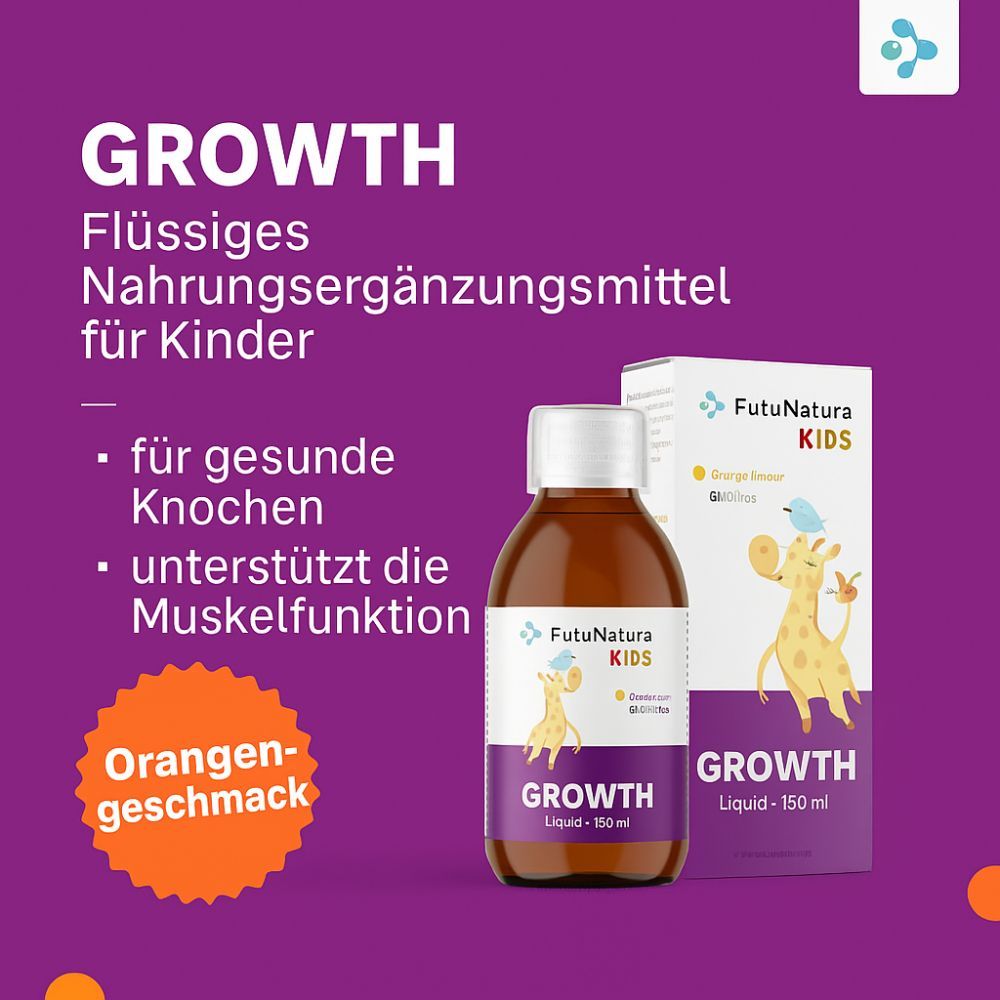 Product: FutuNatura Kids Growth. Fles en doos. Opschrift: Sinaasappelsmaak. Ondersteunt spierfunctie.