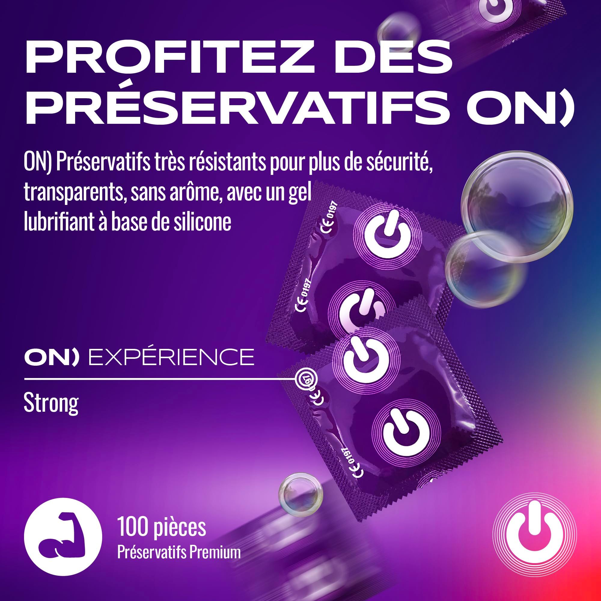 Préservatifs ON) Strong : Transparents, extra épais, avec lubrifiant silicone. 100 pièces.