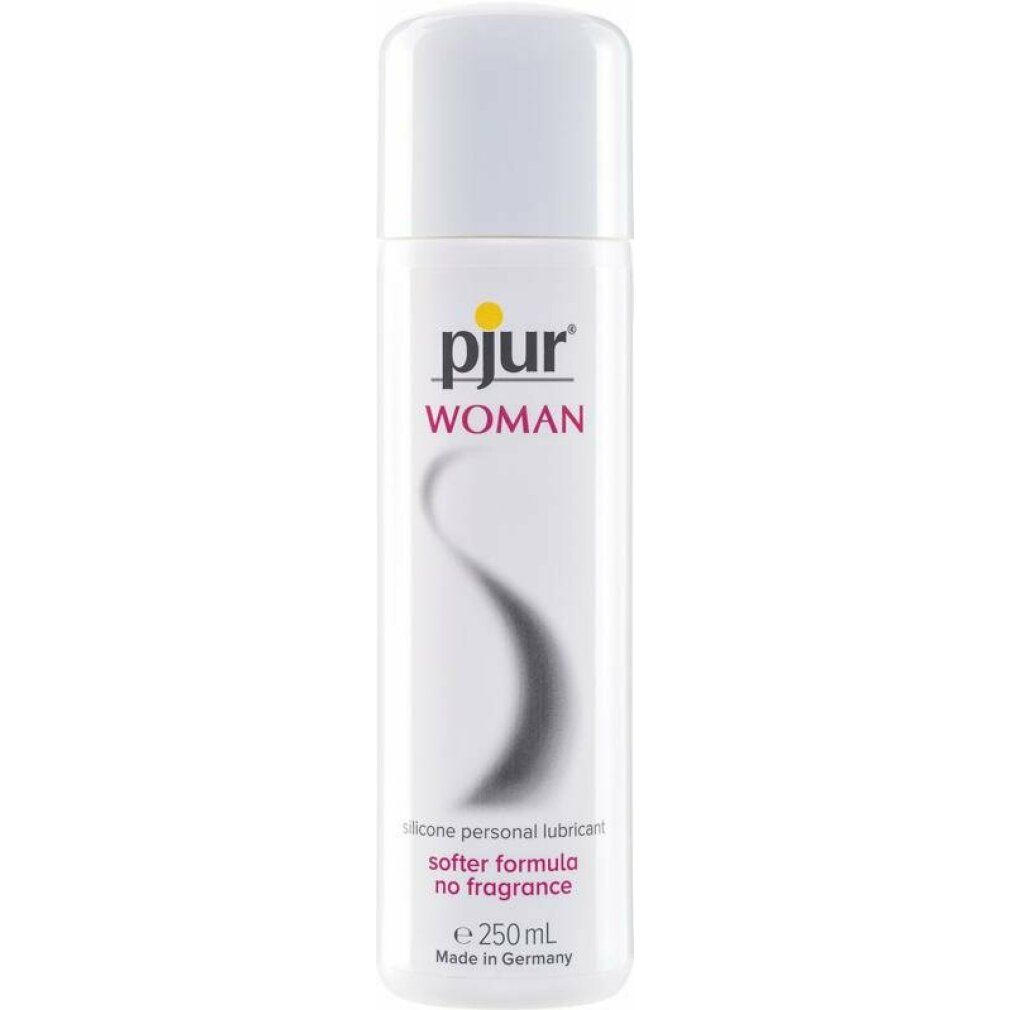 Witte fles met geel etiket. Opschrift: pjur WOMAN, silicone personal lubricant, softer formula no fragrance, e 250mL. Gemaakt in Duitsland.