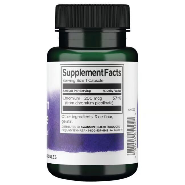 Dos d'une bouteille verte. Étiquette avec "Supplement Facts", "Chromium 200 mcg" et ingrédients. Bouchon noir.