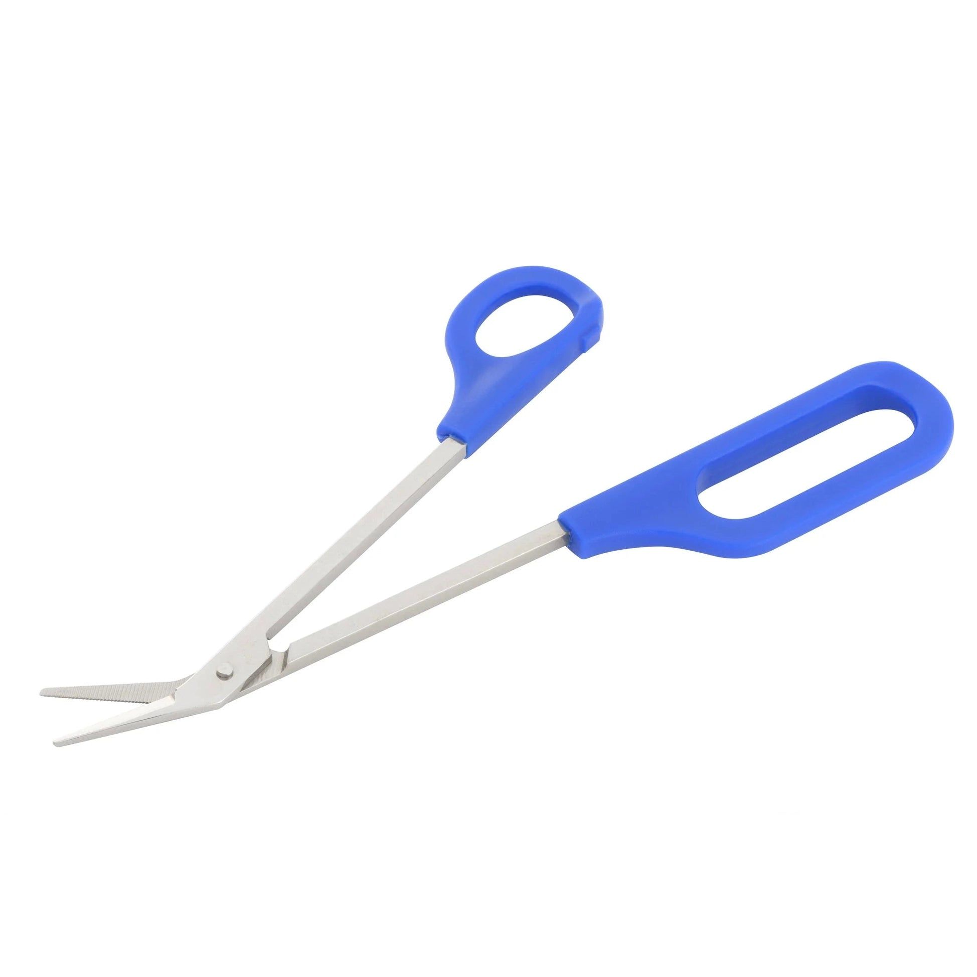 Ciseaux à ongles de pieds bleus à manche long. Lames métalliques, poignées bleues. Poignées profilées pour une meilleure prise.