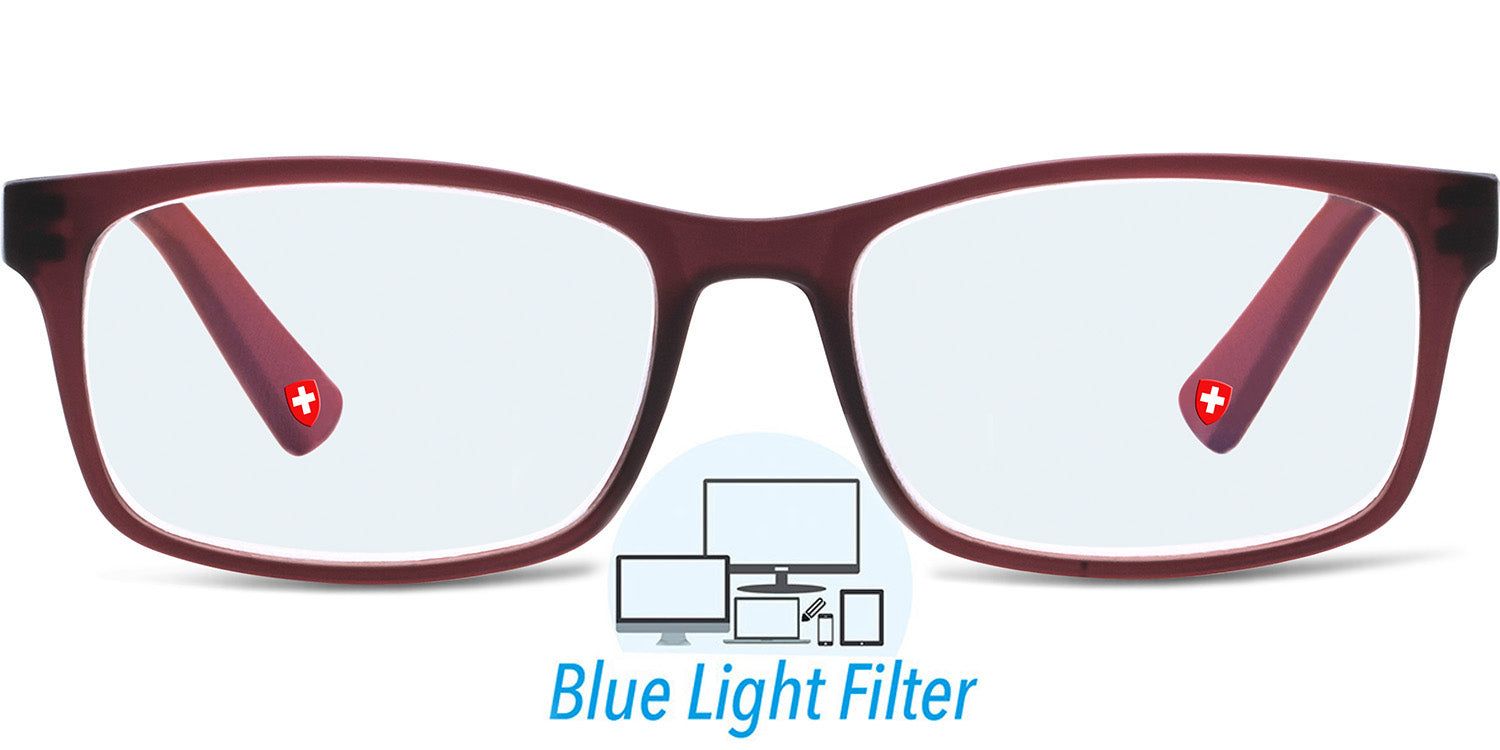 Lunettes bordeaux rectangulaires. Croix suisse sur les branches. Logo Filtre Lumière Bleue sous les verres.