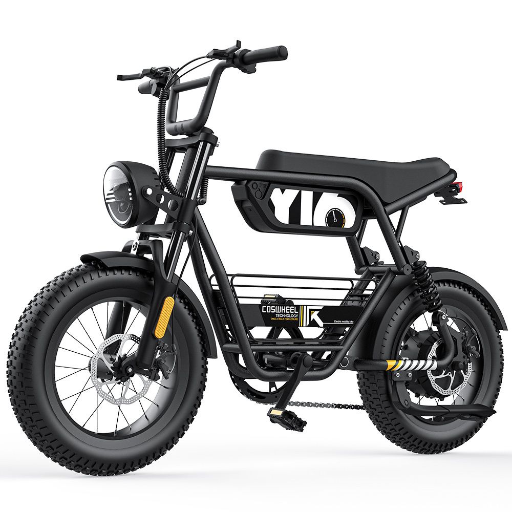 Zwarte elektrische fiets met ronde koplampen, brede banden en bagagerek. COSWHEEL-logo zichtbaar.