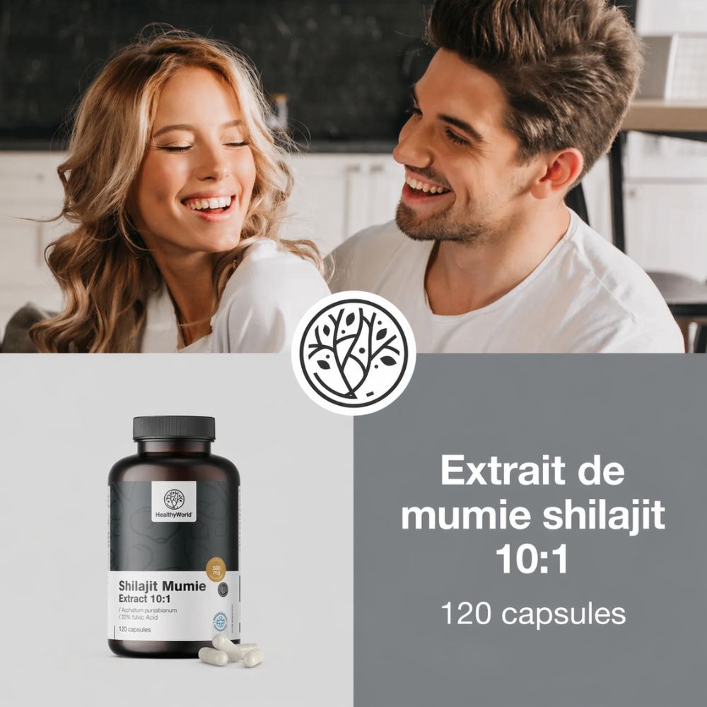 Couple avec flacon de produit. Texte: Extrait de mumie shilajit 10:1, 120 capsules. Marque: HealthyWorld.